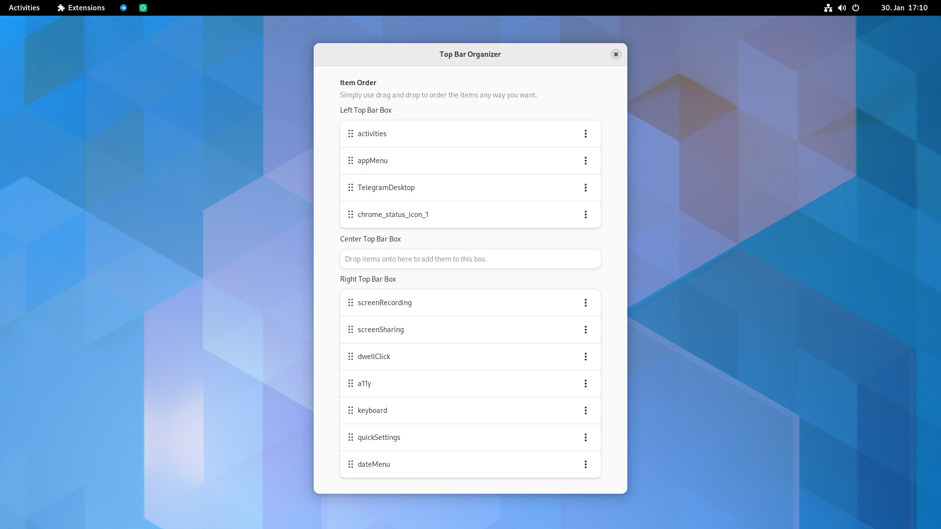 Screenshot of GNOME Shell 43 with Top Bar Organizer v6 running and its preferences open. The GNOME Shell top bar items aren't all in their default location.